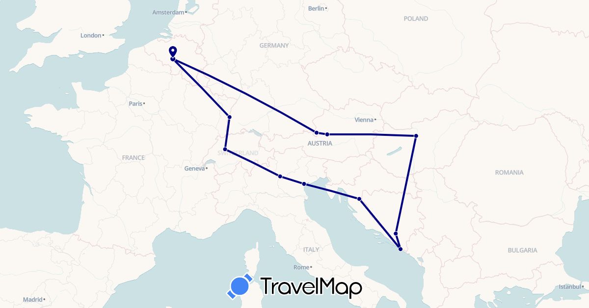 TravelMap itinerary: driving in Austria, Bosnia and Herzegovina, Belgium, Switzerland, Germany, Croatia, Hungary, Italy (Europe)